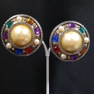 Vintage 1950s Multicolor Rhinestone Faux Pearl Large Clip Earrings, 1 3/4 Inch